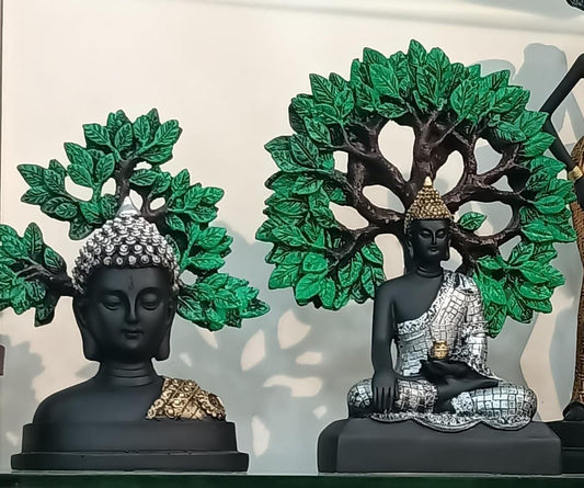 Serene Black & Silver Buddha Statues with Bodhi Tree Backdrop (Set of 2)