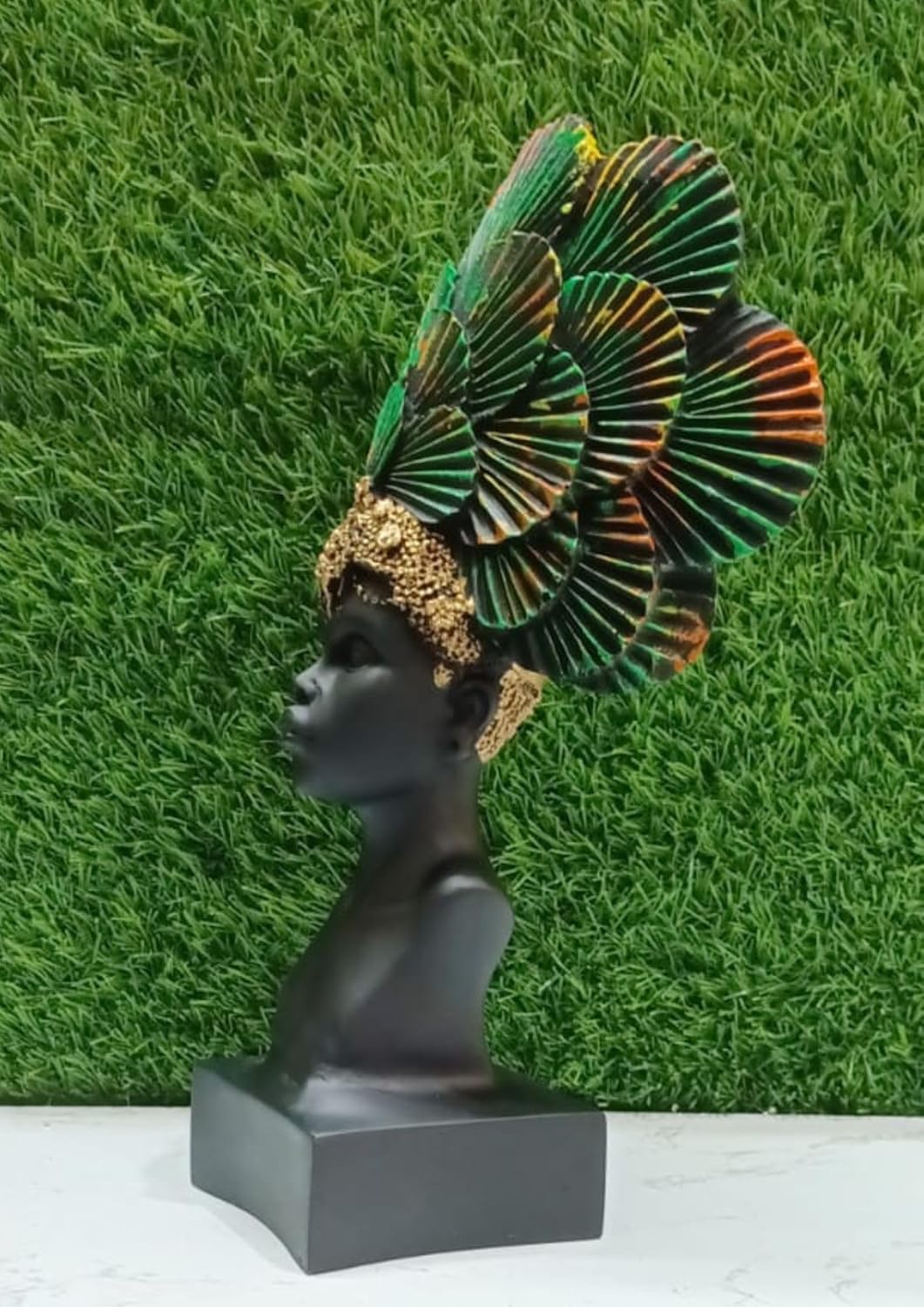 Black Lady Face with Golden & Rainbow Crown Poly Resin Home Décor Statue | Elegant Black Lady Figurine