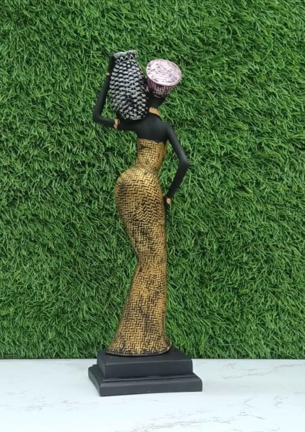 African Tribal Lady Statue with Basket | Resin Ornament Collectible Art Piece