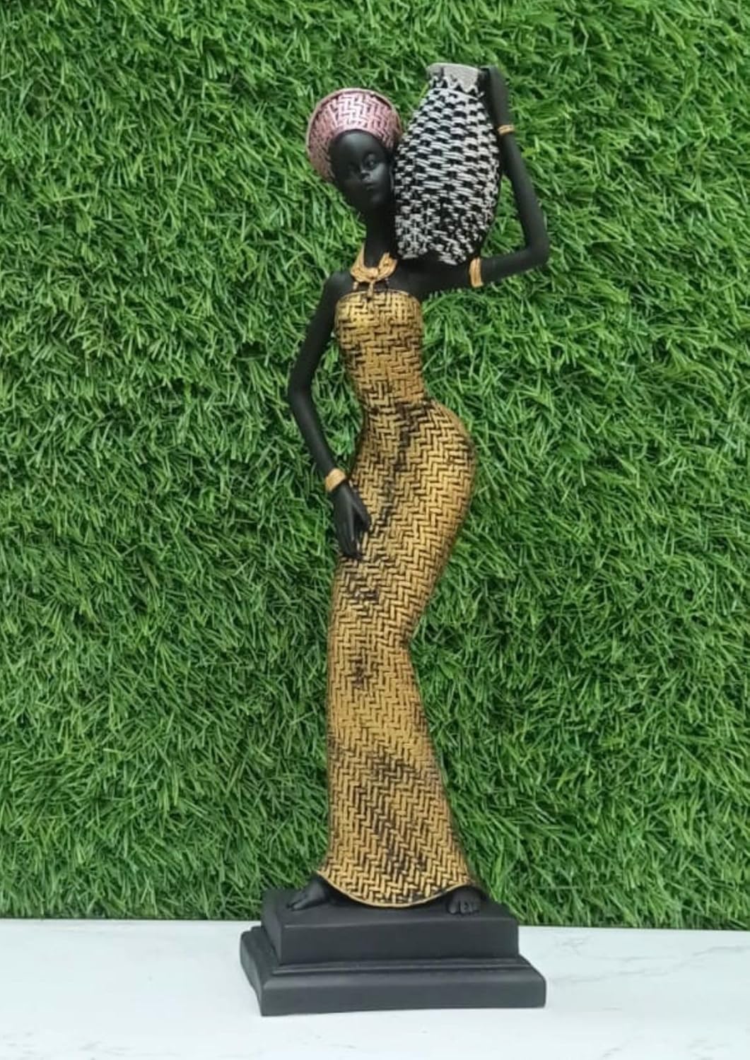 African Tribal Lady Statue with Basket | Resin Ornament Collectible Art Piece