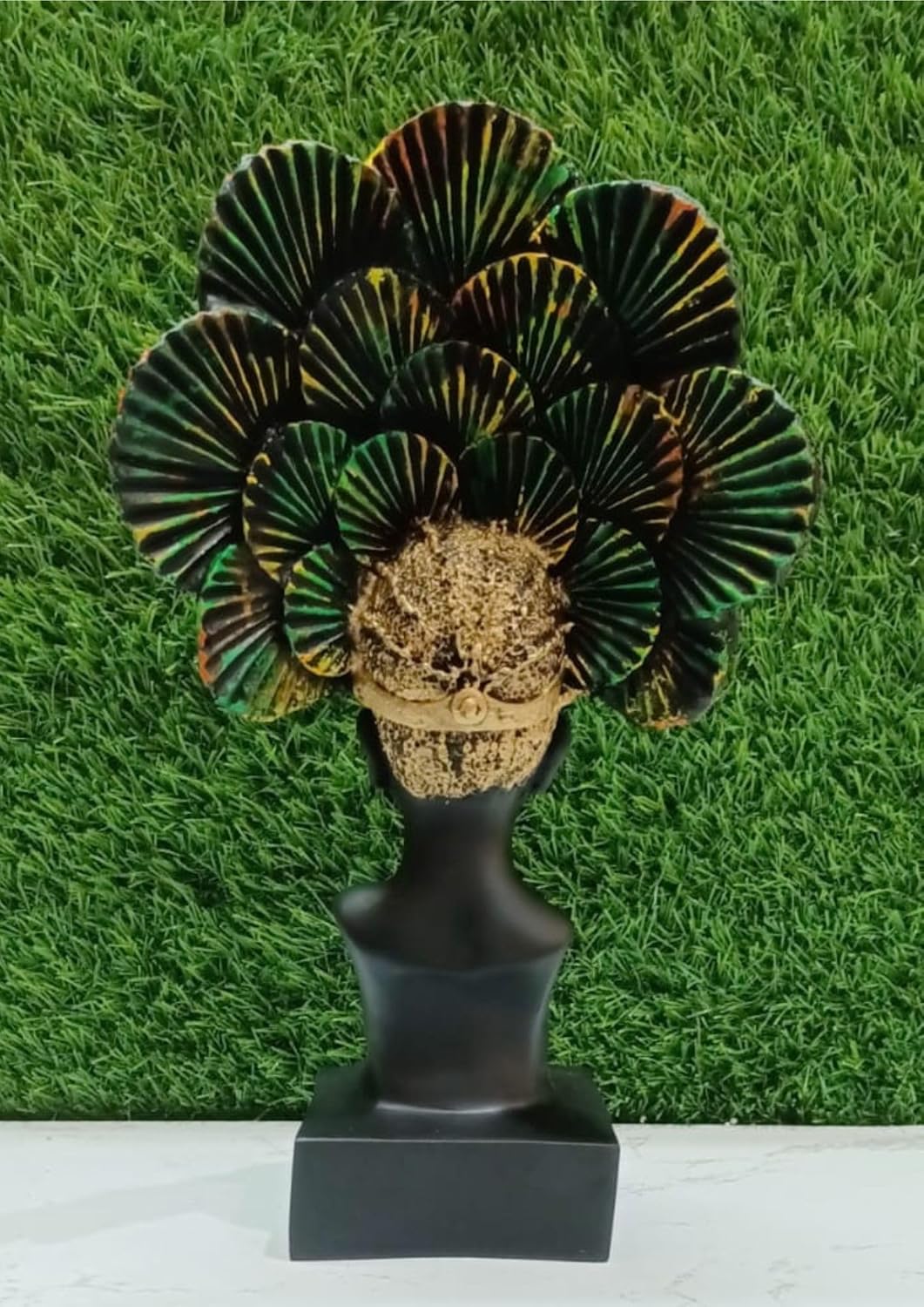 Black Lady Face with Golden & Rainbow Crown Poly Resin Home Décor Statue | Elegant Black Lady Figurine