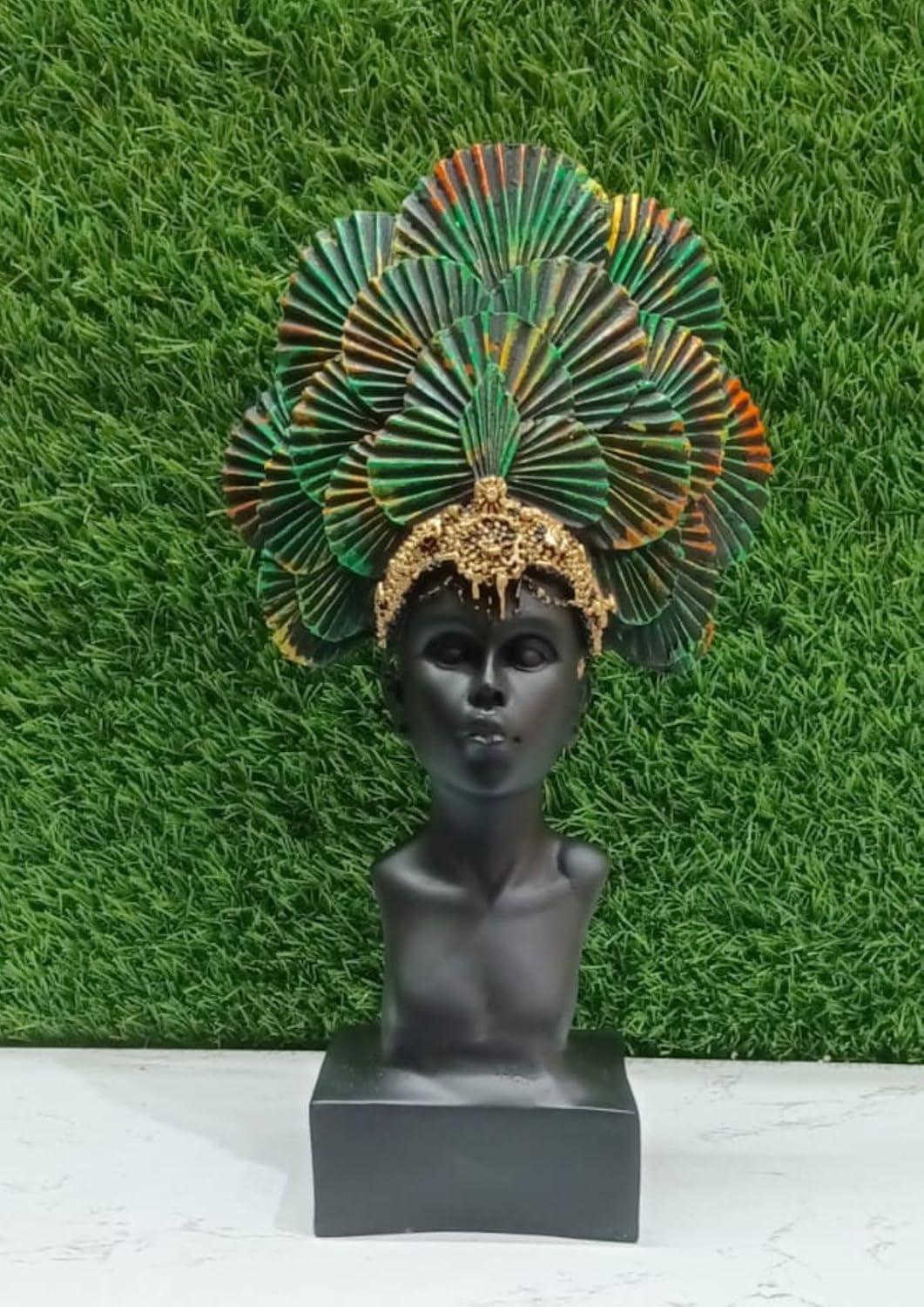 Black Lady Face with Golden & Rainbow Crown Poly Resin Home Décor Statue | Elegant Black Lady Figurine