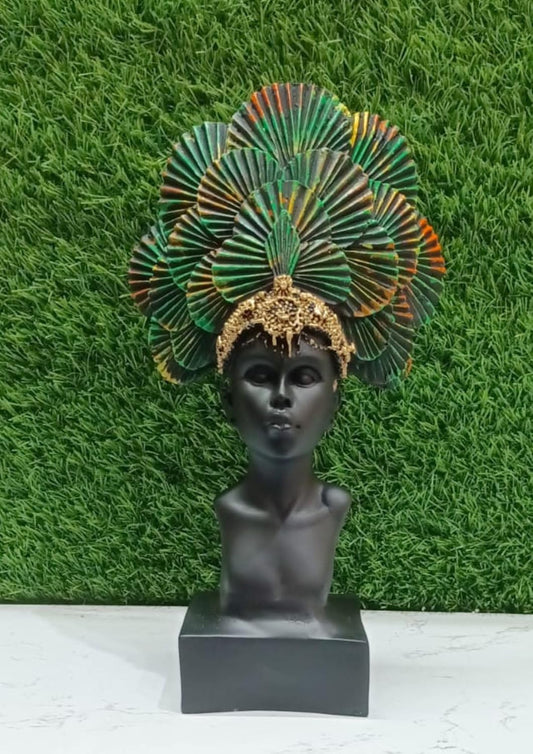 Black Lady Face with Golden & Rainbow Crown Poly Resin Home Décor Statue | Elegant Black Lady Figurine