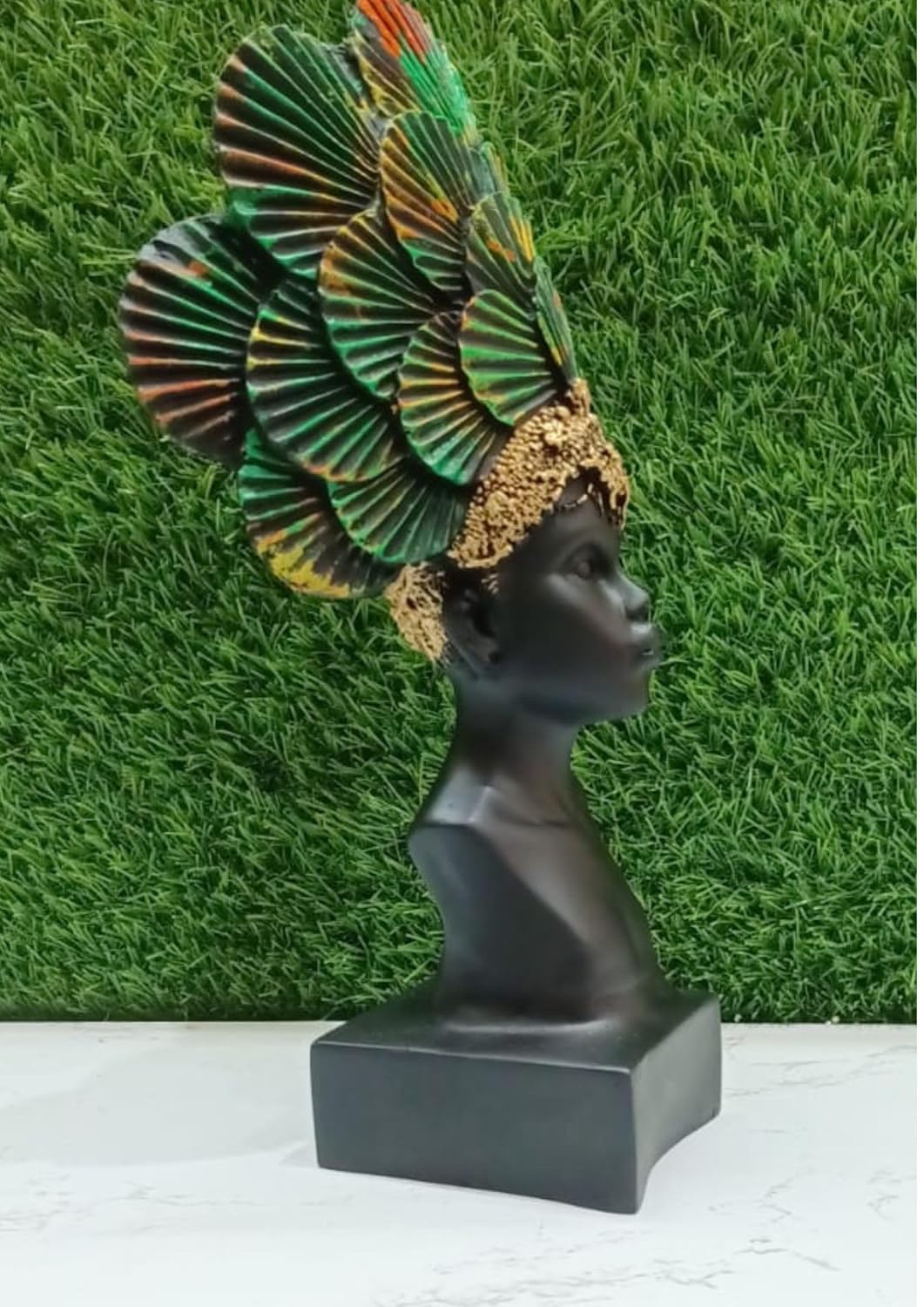 Black Lady Face with Golden & Rainbow Crown Poly Resin Home Décor Statue | Elegant Black Lady Figurine
