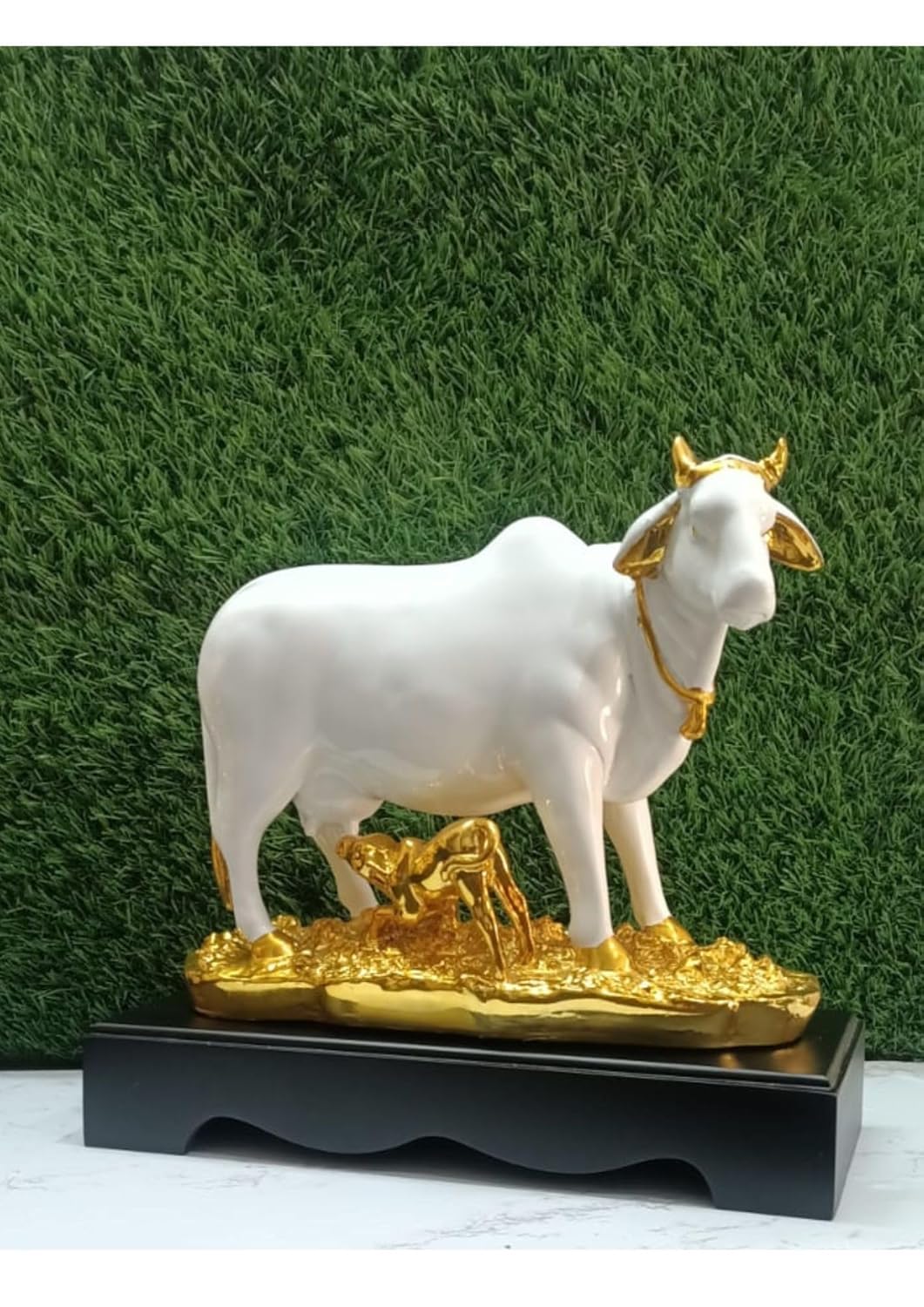 Sacred White Kamadhenu Cow and Calf Statue - Gold Plated Holy Cow Figurine