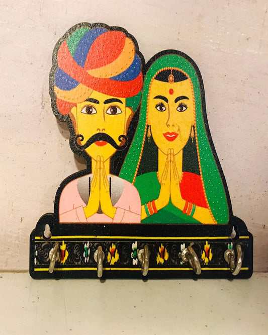 Rajput Couple Welcome Key Holder | Handcrafted Wooden Key Rack for Home Decor