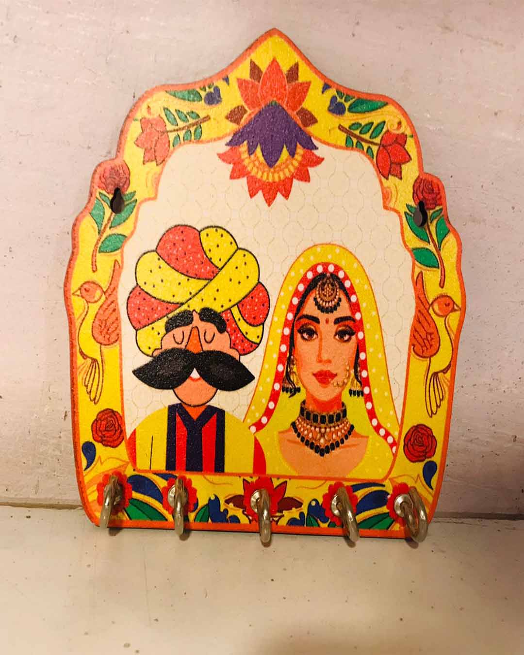 Traditional Rajasthani Couple Key Holder - Wooden Wall Mount Key Hanger