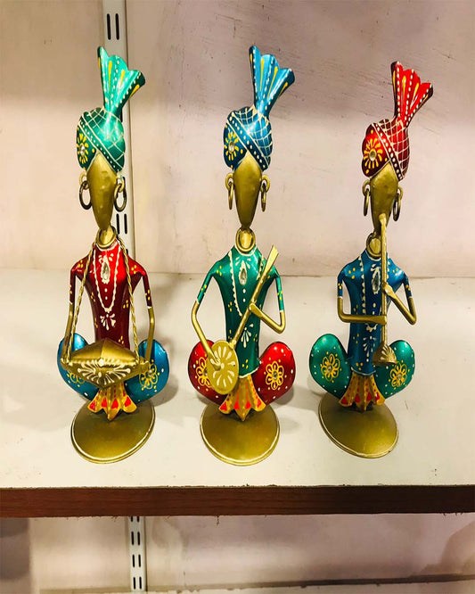 Set of 3 Traditional Rajasthani Seated Musician Metal Figurines | Folk Decor
