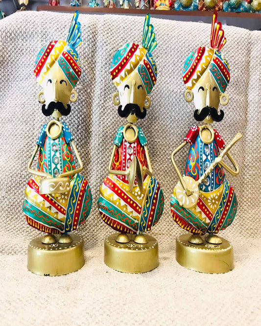 Geometric Patterned Metal Seated Musician Set - Traditional Rajasthani Decor