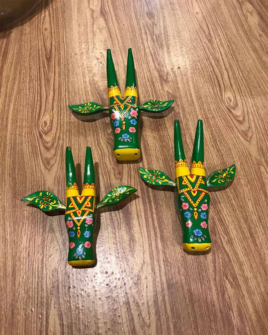 Set of 3 Hand-Painted Wooden Animal Head Decor - Indian Folk Art Accent