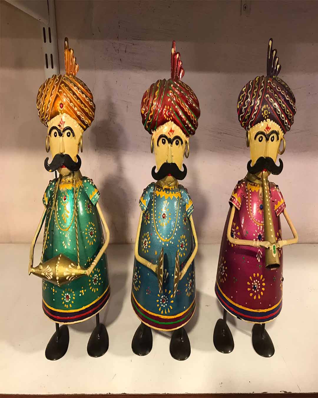 Set of 3 Metal Musician Dolls with Turbans - Indian Ethnic Showpieces