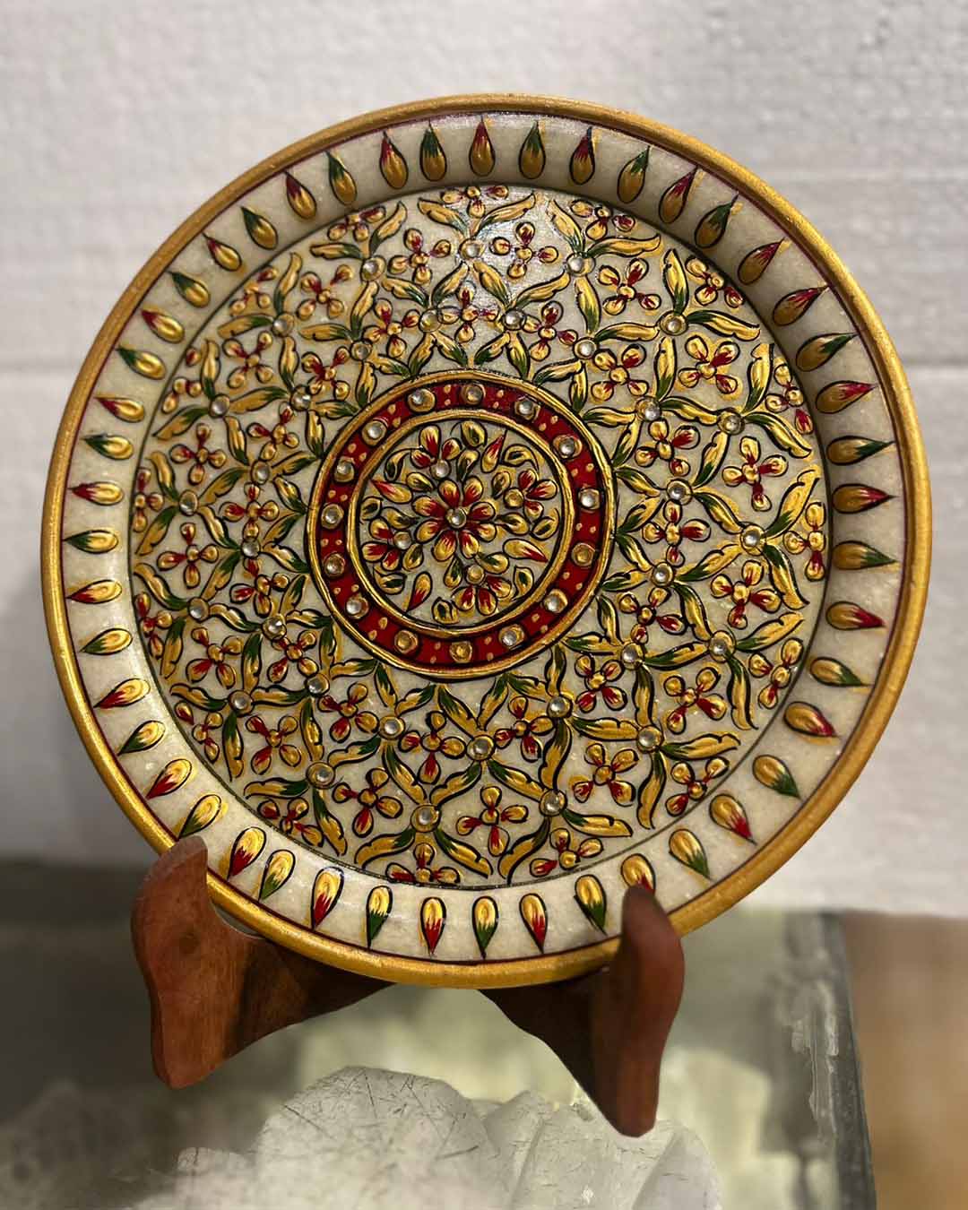 Traditional Indian Decorative Marble Plate with Gold Leaf Painting