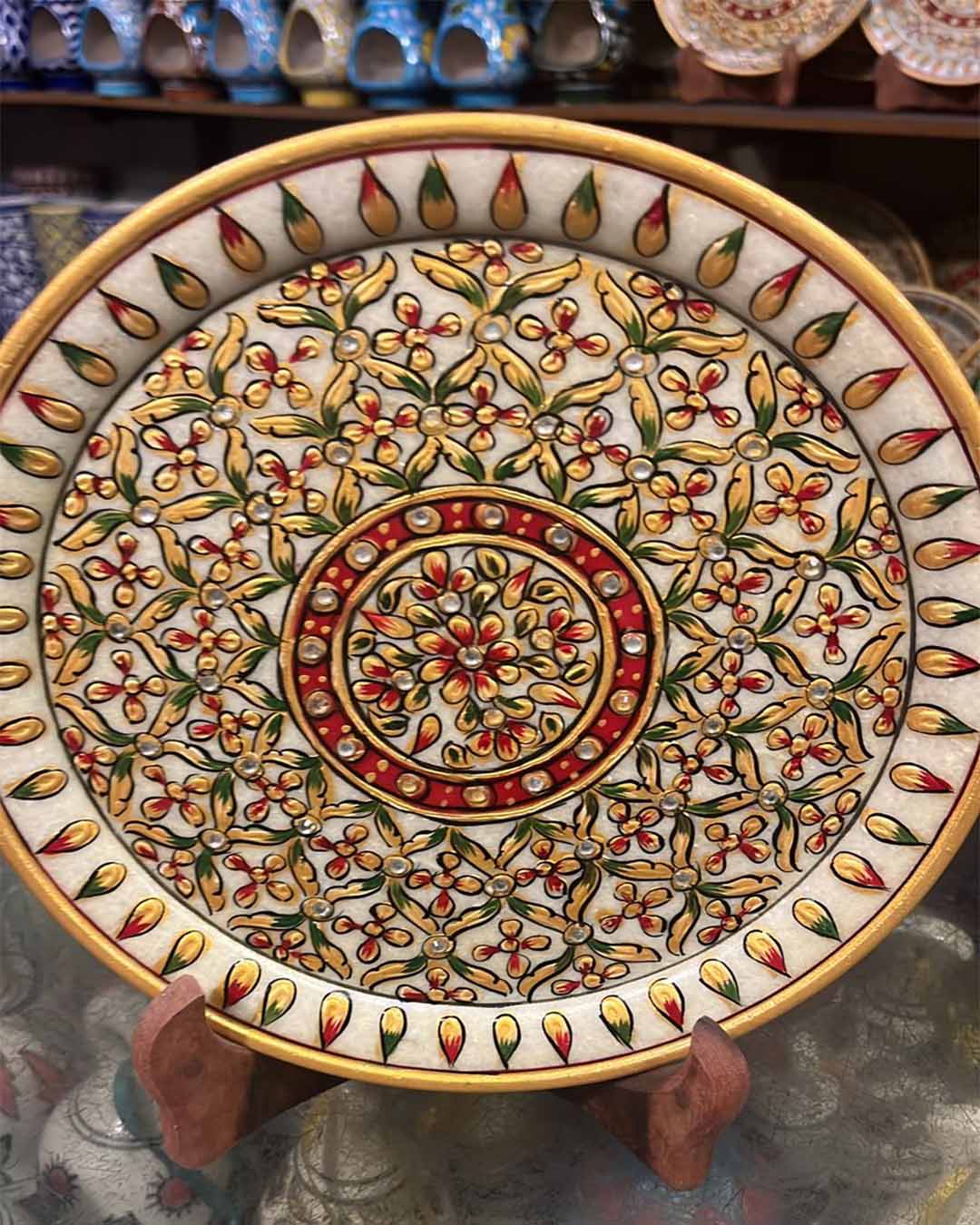 Traditional Indian Decorative Marble Plate with Gold Leaf Painting