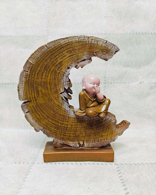 Laughing Baby Monk on Crescent Moon Resin Statue