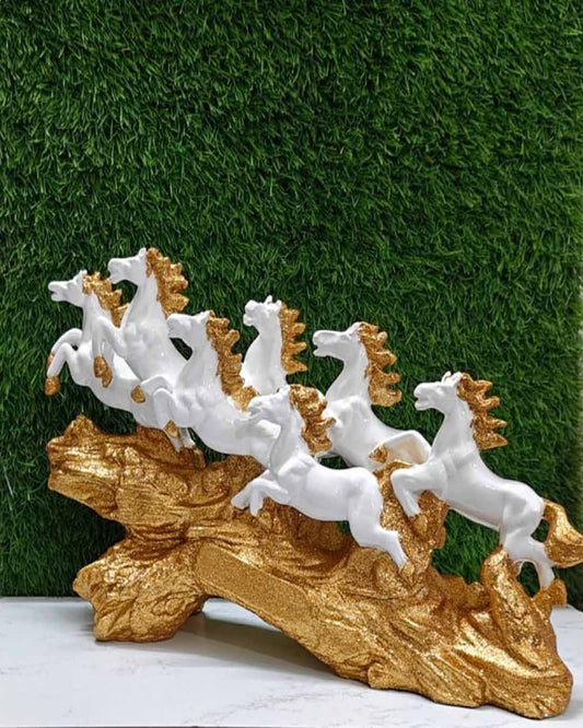 Seven Running White Horses Statue on Gold Log Base