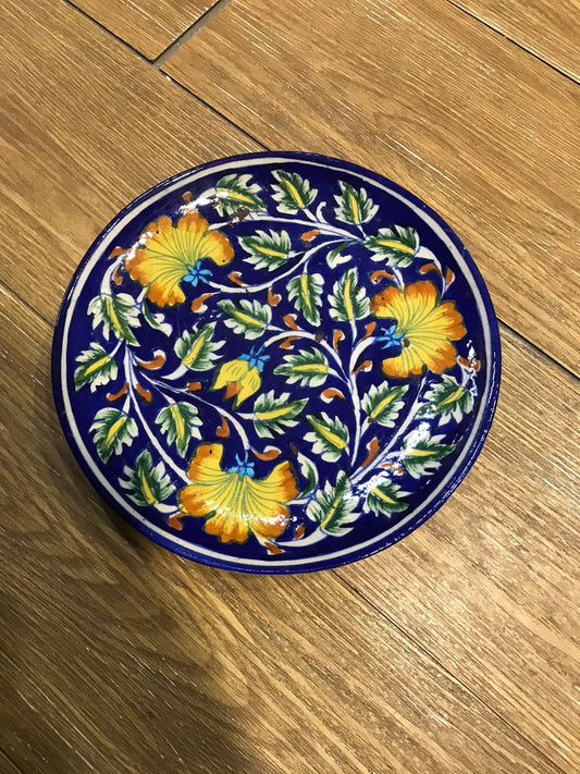 Deep Cobalt Blue Pottery Plate with Orange & Green Floral Vines (8 Inch)