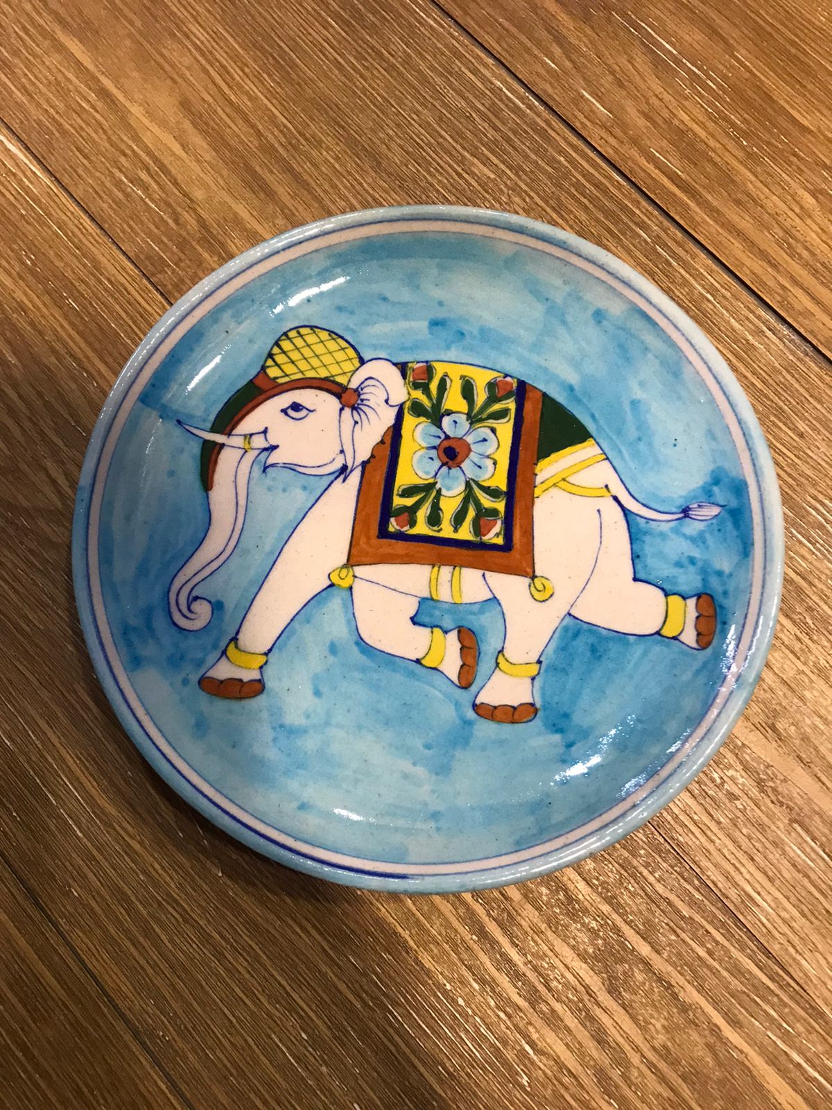 Traditional Blue Pottery Hand-Painted Ceremonial Elephant Plate (8 Inch)