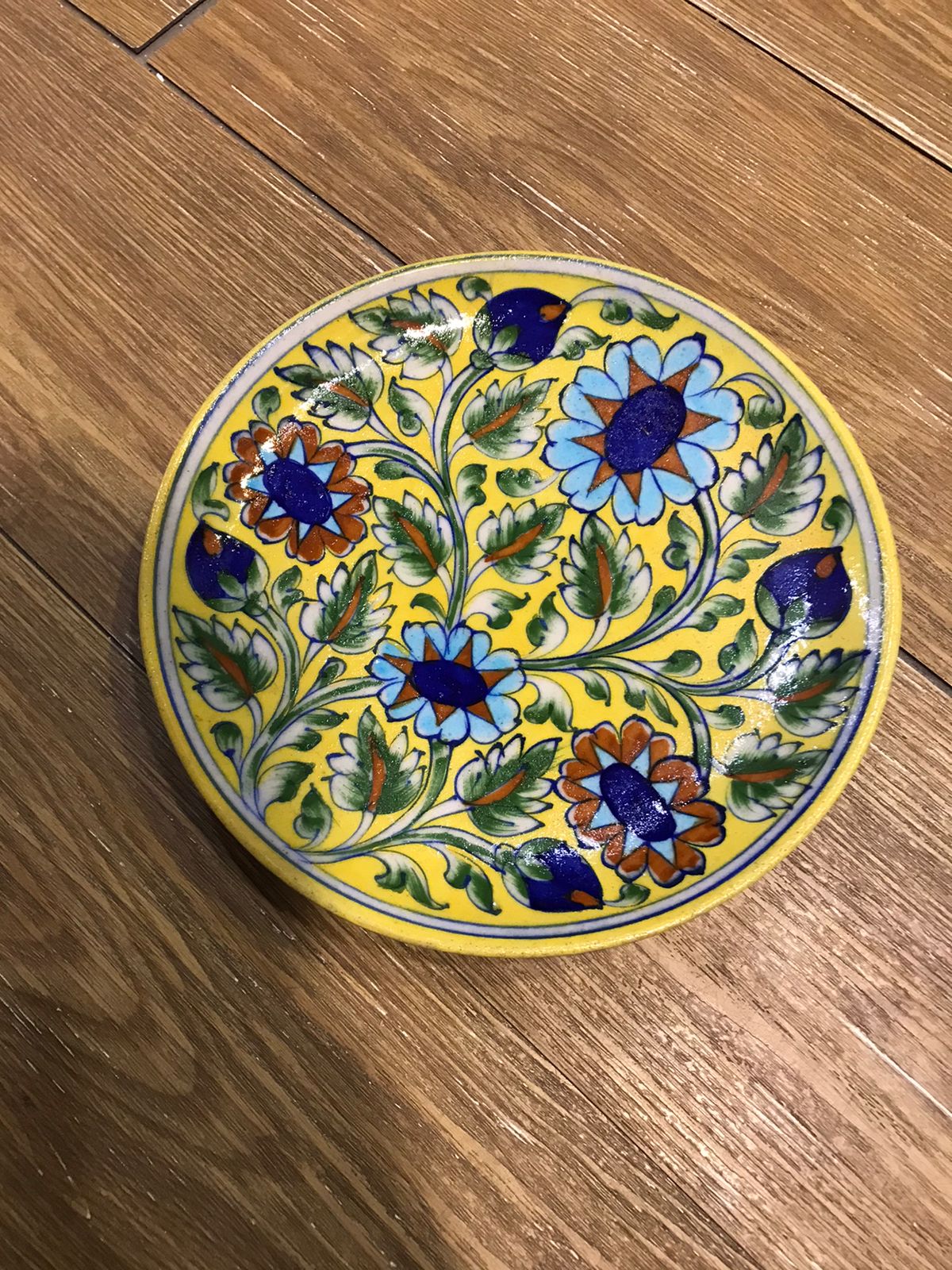 Bright Yellow Base Multi-Color Floral Design Blue Pottery Plate (8 Inch)