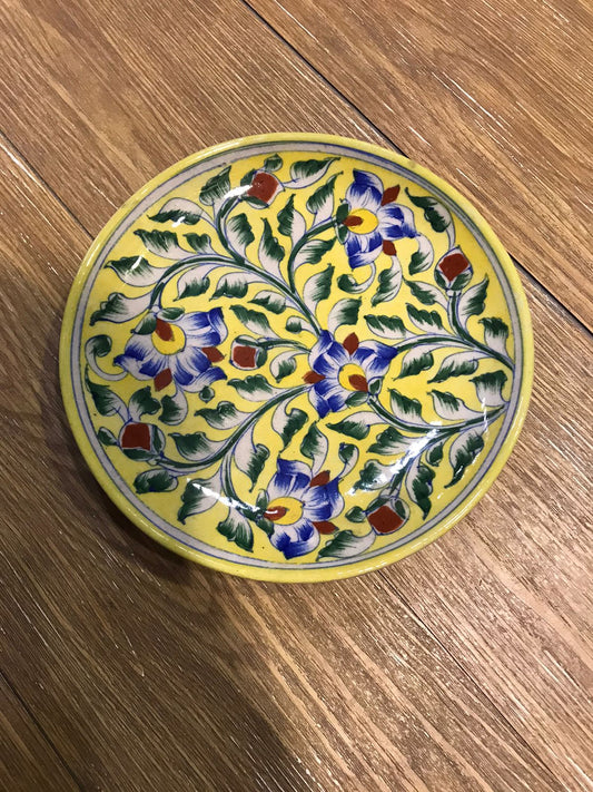 Pastel Yellow & Blue Floral Vine Hand-Painted Blue Pottery Plate (8 Inch)