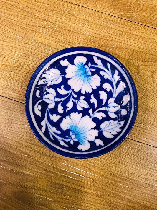 Blue Pottery Style Ceramic Plate | Small Appetizer/Coaster | Handcrafted Floral Design