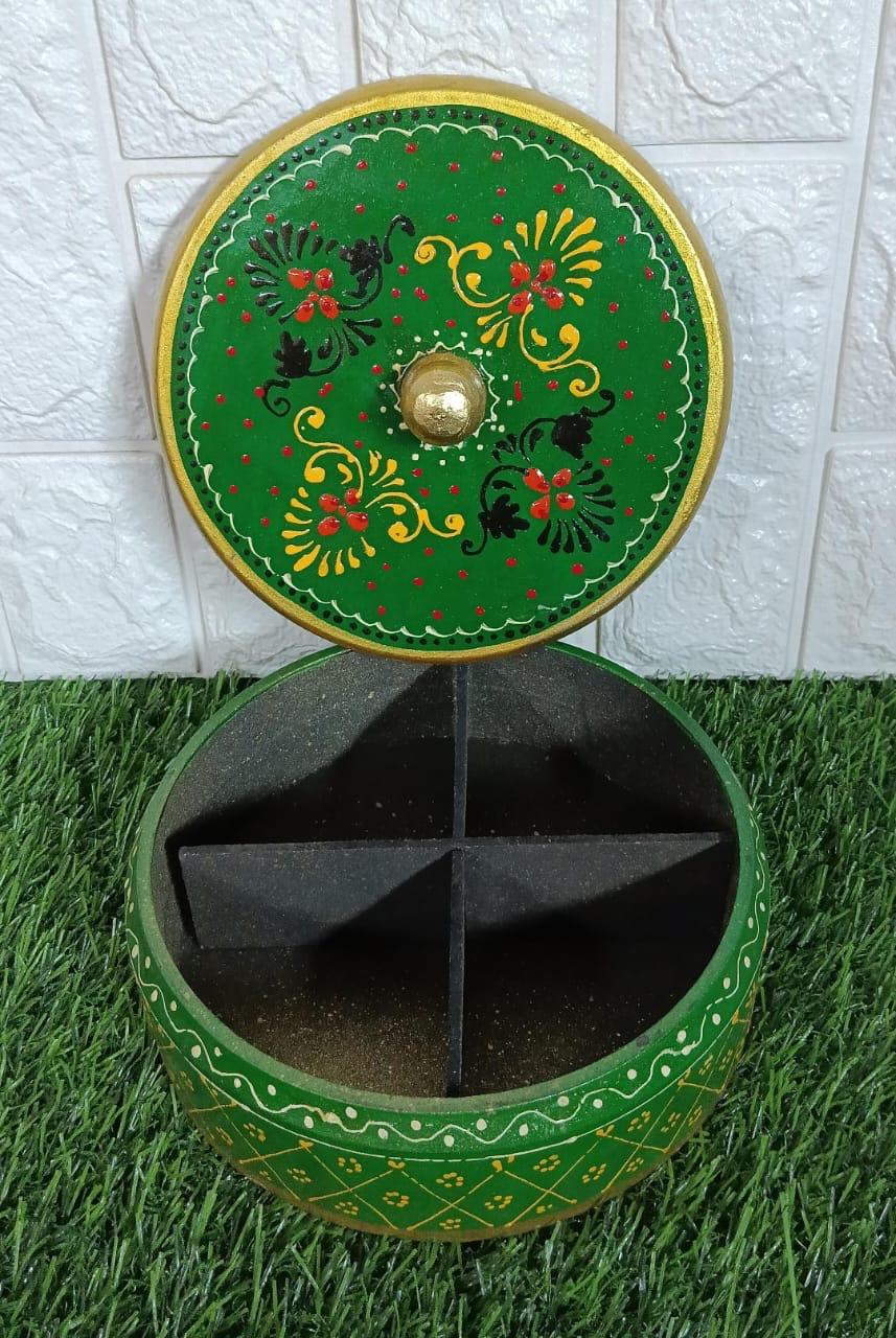 Vibrant Green Hand-Painted Dry Fruit Box | Round Wooden Multi-Utility Storage with 4 Dividers