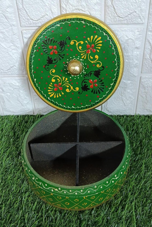 Vibrant Green Hand-Painted Dry Fruit Box | Round Wooden Multi-Utility Storage with 4 Dividers