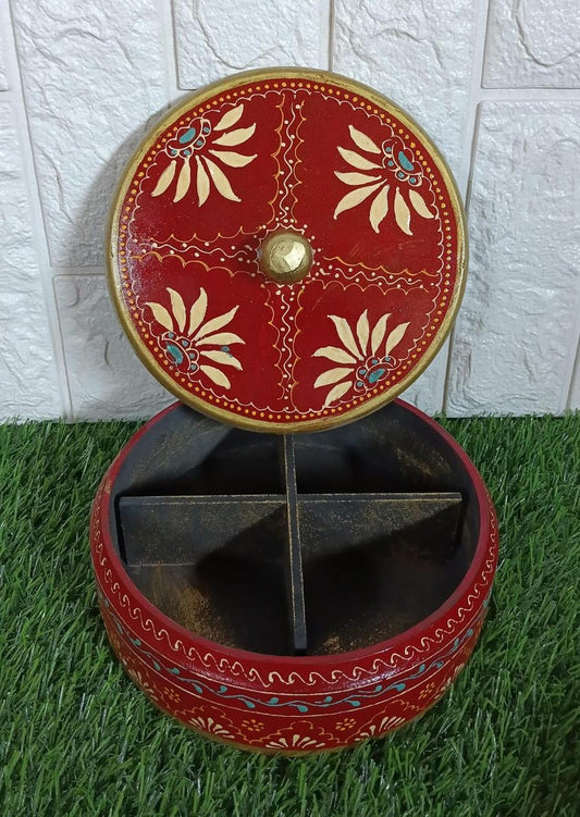 Traditional Red Wooden Jewelry Box | Decorative 4-Section Storage with Cream Floral Motifs
