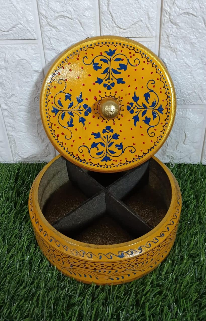 Hand-Painted Yellow Floral Spice Box | Wooden Dry Fruit Container with 4 Sections