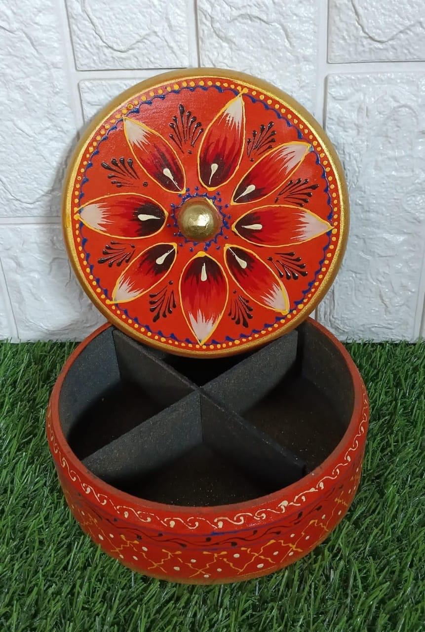 Artisan Red Lotus Masala Dabba | Handcrafted Wooden Spice Box with 4 Compartments