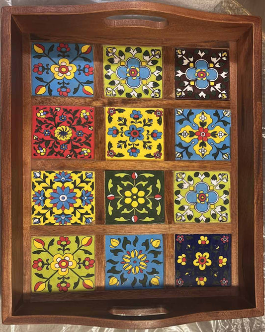 Vibrant Multicolored Ceramic Tile Inlay Wooden Tray - Handcrafted Rustic Decor