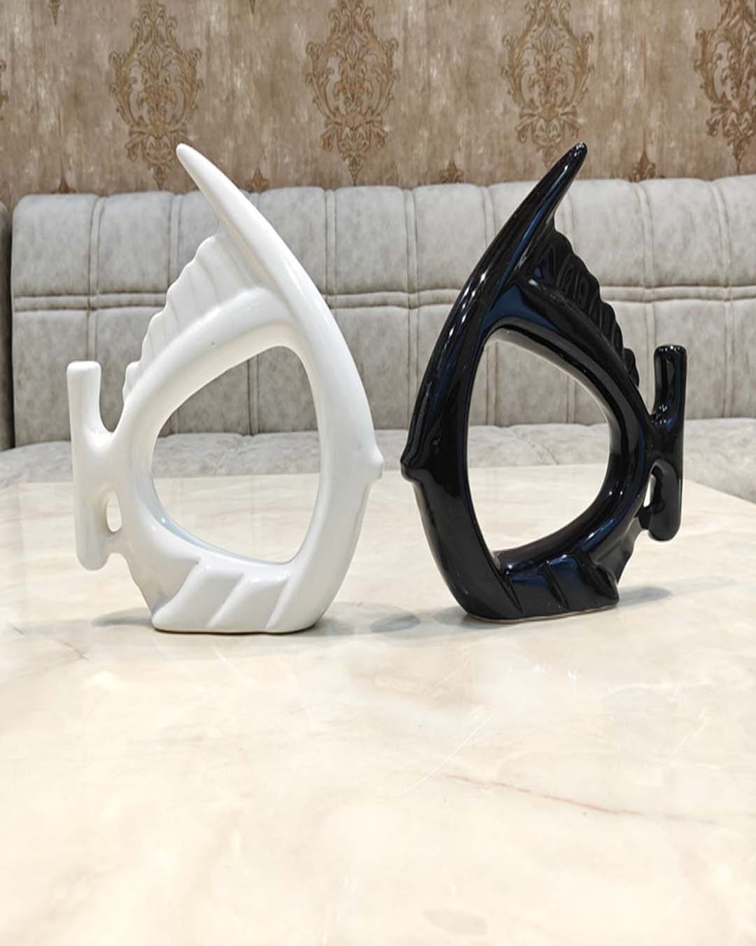 Modern Black & White Ceramic Abstract Fish Statues - Coastal & Contemporary Décor Set