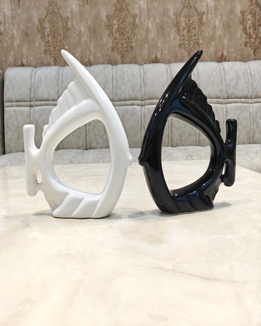 Modern Black & White Ceramic Abstract Fish Statues - Coastal & Contemporary Décor Set
