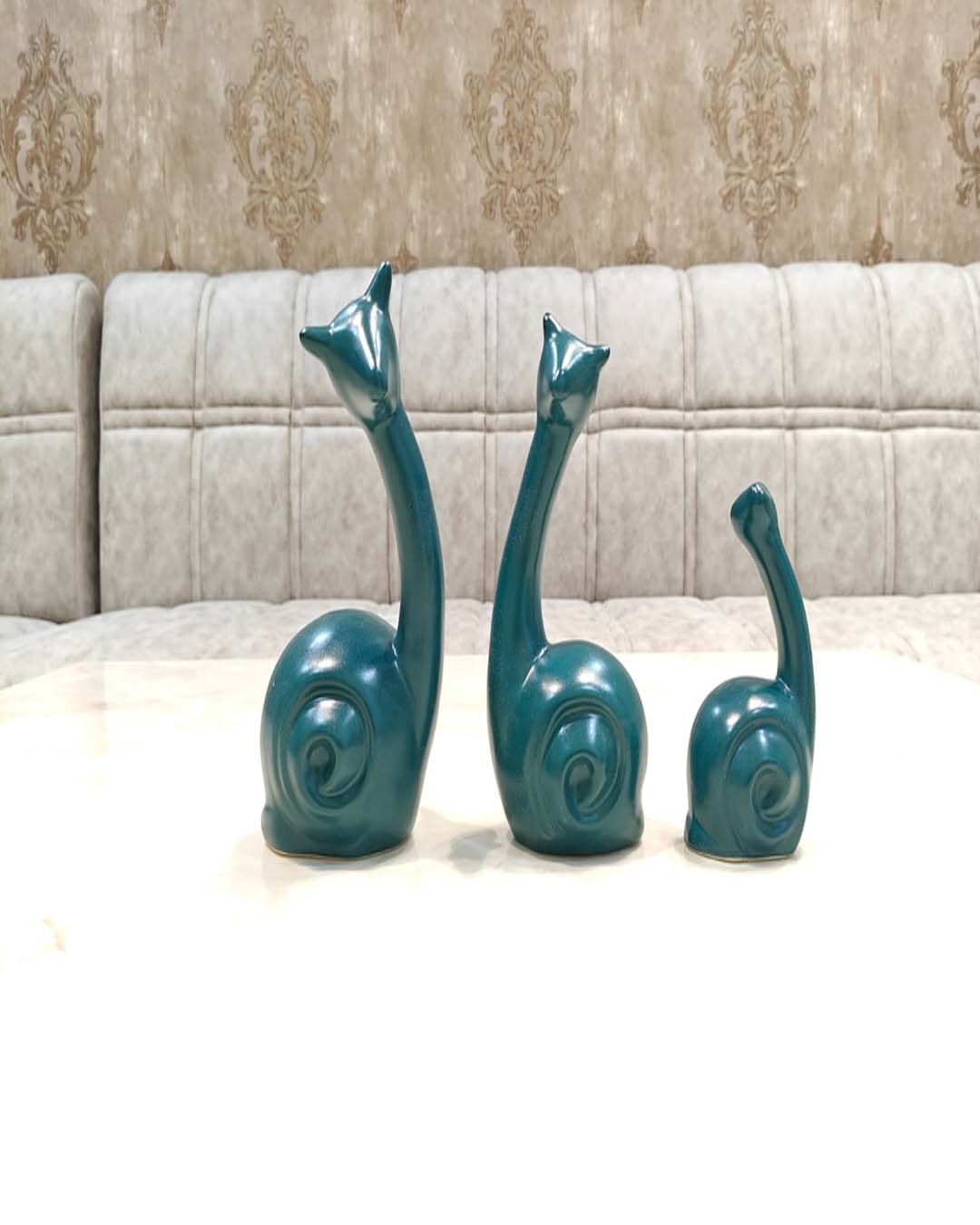 Set of 3 Abstract Teal Snail Figurines - Modern Ceramic Spiral & Long Neck Animal Statues