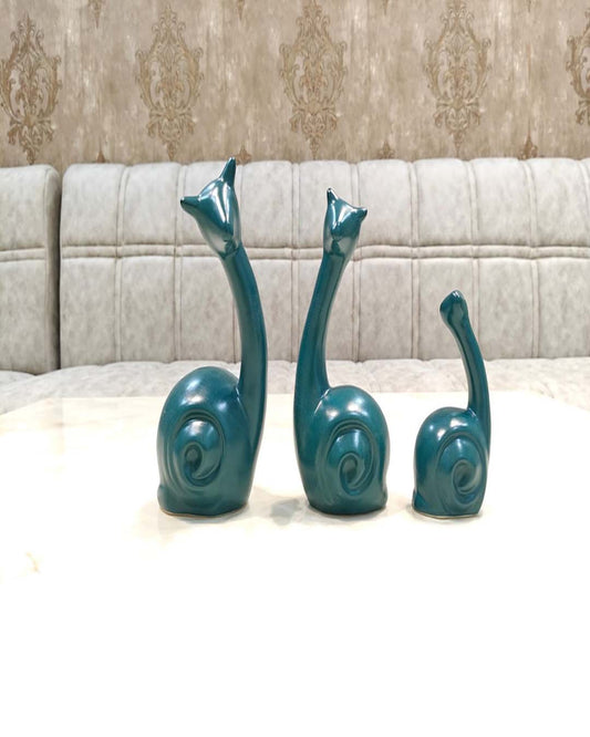 Set of 3 Abstract Teal Snail Figurines - Modern Ceramic Spiral & Long Neck Animal Statues