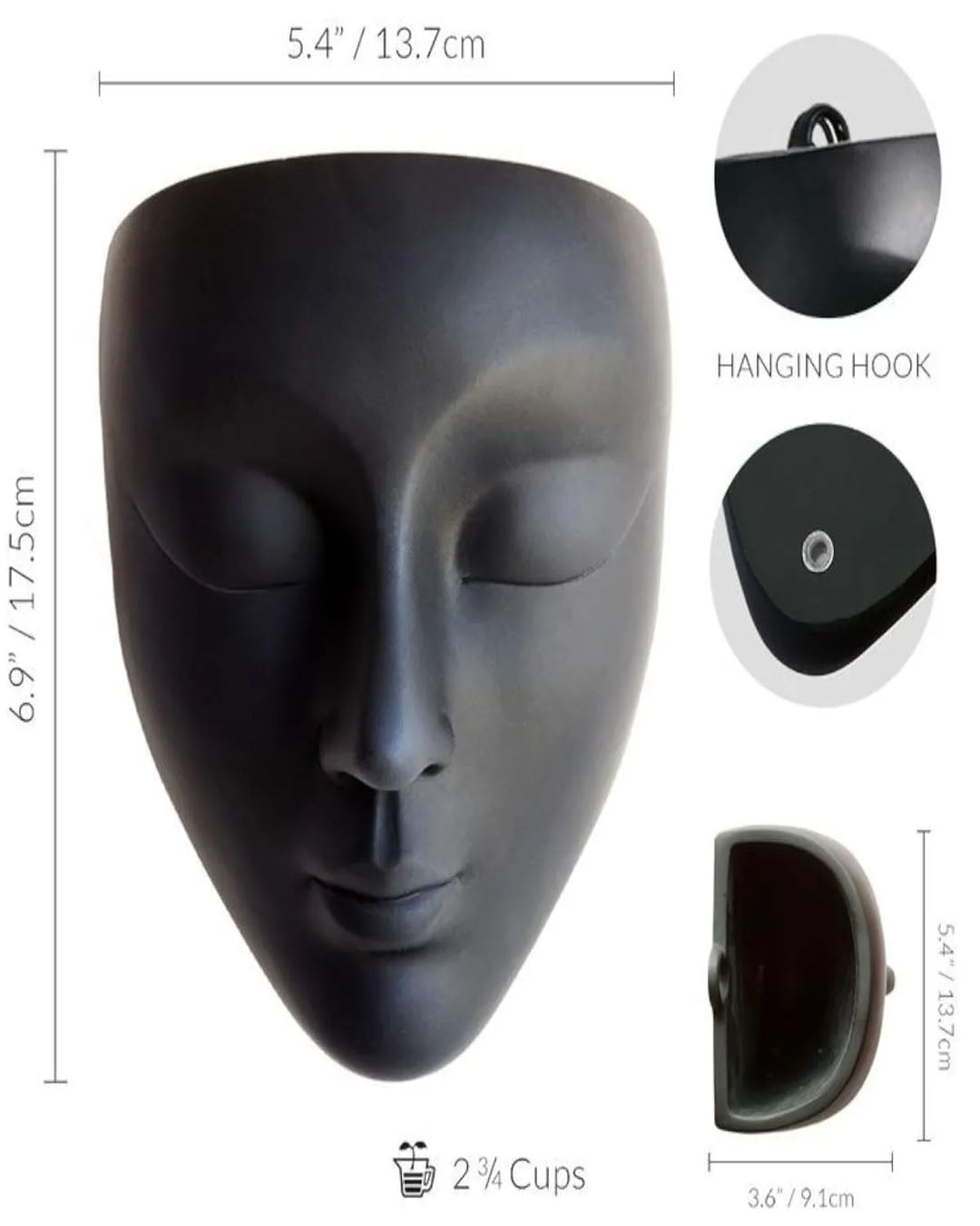 Matte Black Modern Wall Planter - Abstract Face Head Vase for Succulents & Vines
