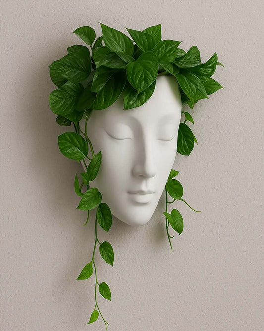 Serene White Wall Face Planter - Ceramic Goddess Head Vase for Trailing Plants
