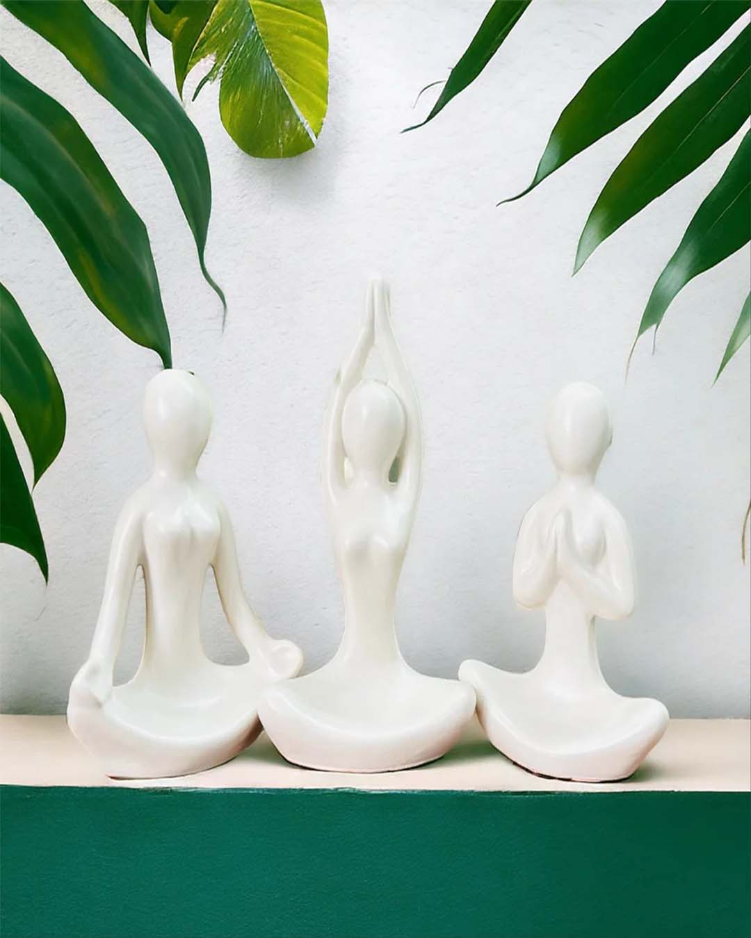 Set of 3 Minimalist White Ceramic Yoga Figurines | Zen Desk Decor