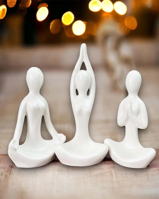 Set of 3 Minimalist White Ceramic Yoga Figurines | Zen Desk Decor