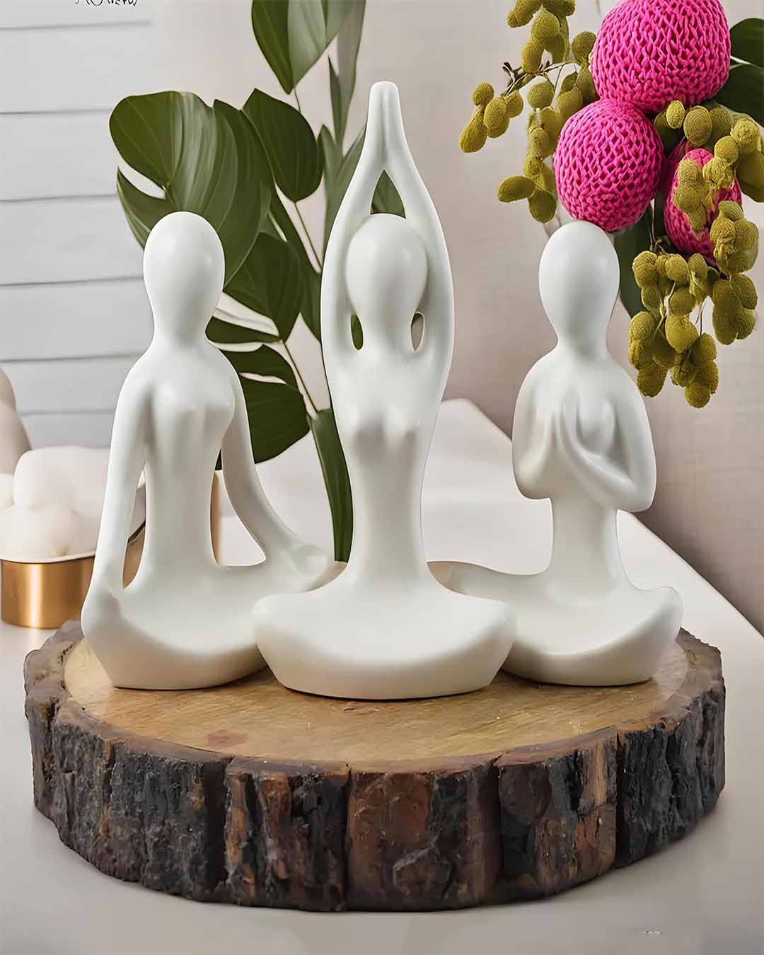 Set of 3 Minimalist White Ceramic Yoga Figurines | Zen Desk Decor
