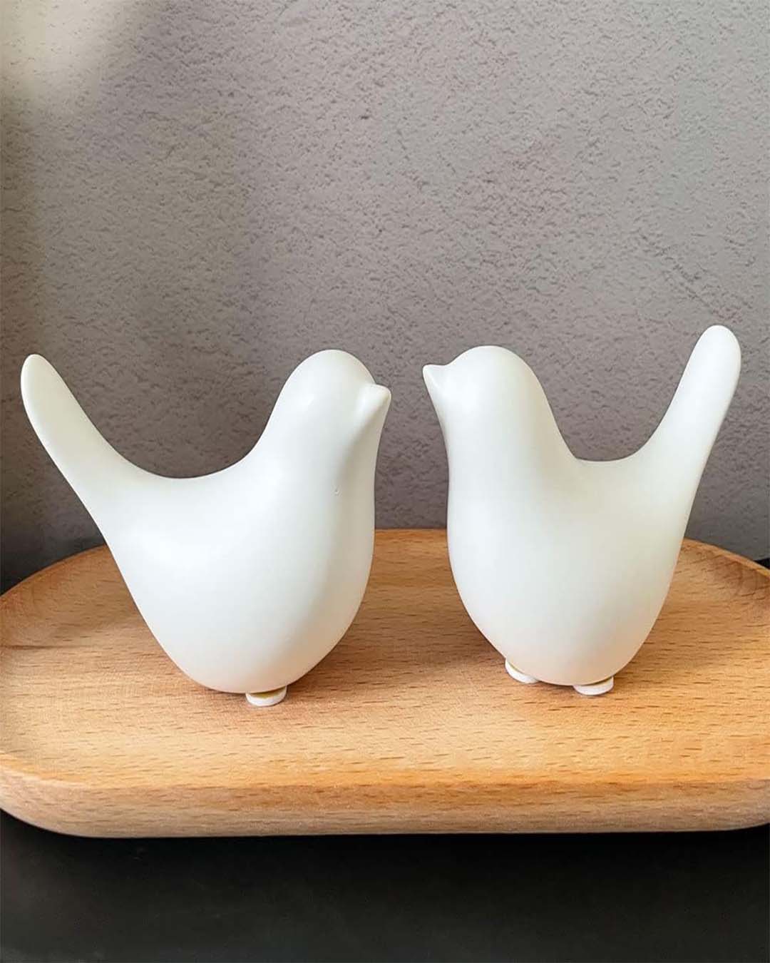 Minimalist White Ceramic Bird Figurines (Set of 2) | Rustic Shelf Decor