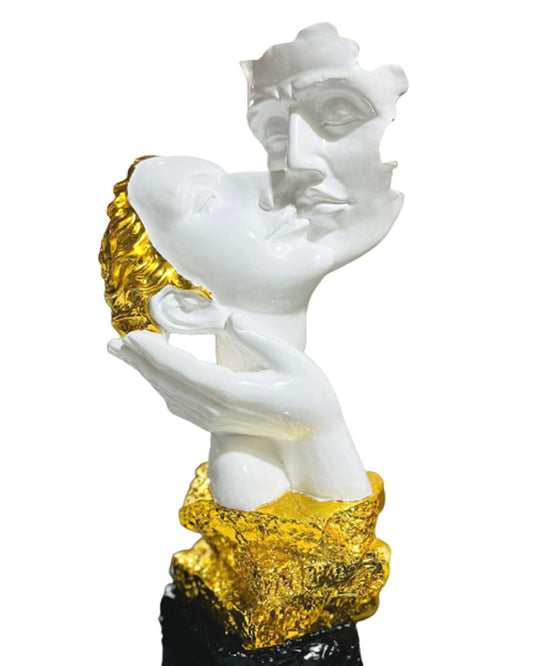 Abstract White & Gold Kiss Sculpture - Modern Resin Couple Art Statue