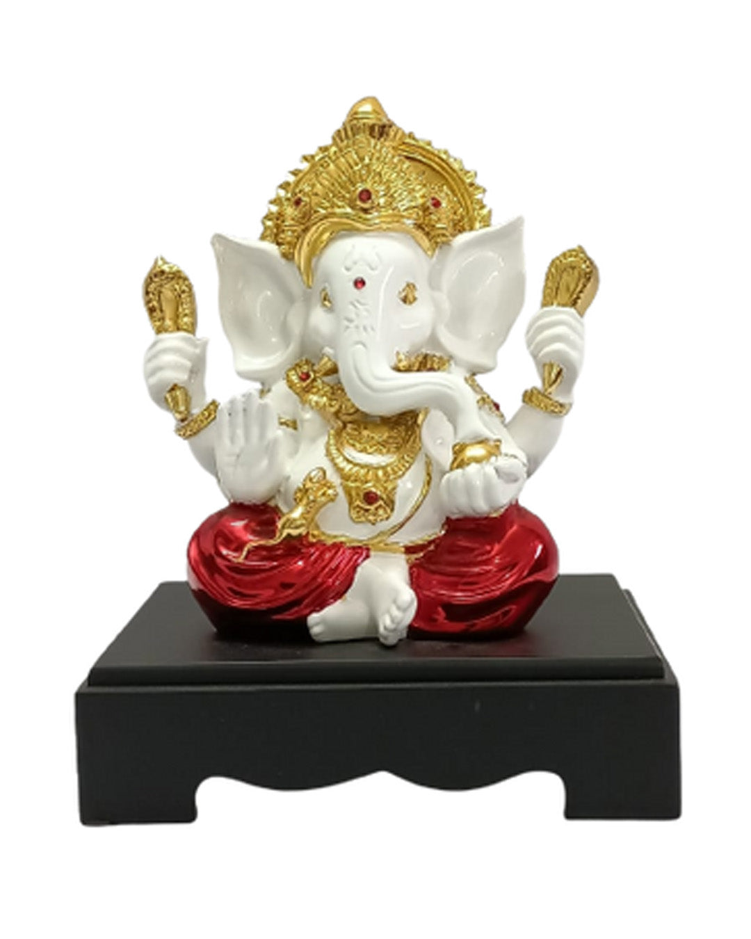 Elegant White & Red Ganesha Murti with Gold Accents - Resin Ganesh Statue