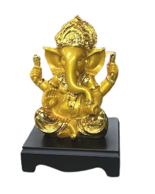 Golden Finish Lord Ganesha Idol - Auspicious Gold Ganesha Statue on Black Base