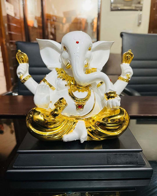 Large White & Gold Lord Ganesha Idol for Office or Home Decor - Four-Armed Ganesh