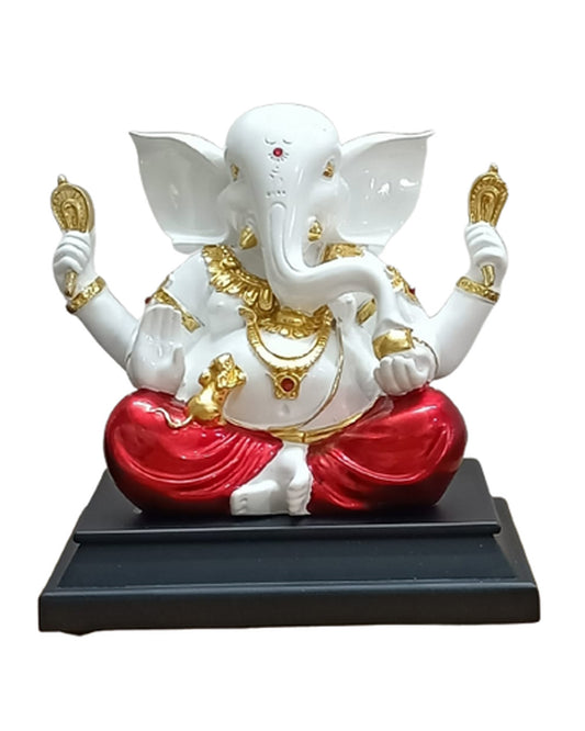 Classic White, Red, and Gold Sitting Ganesha Idol - Auspicious Decorative Murti