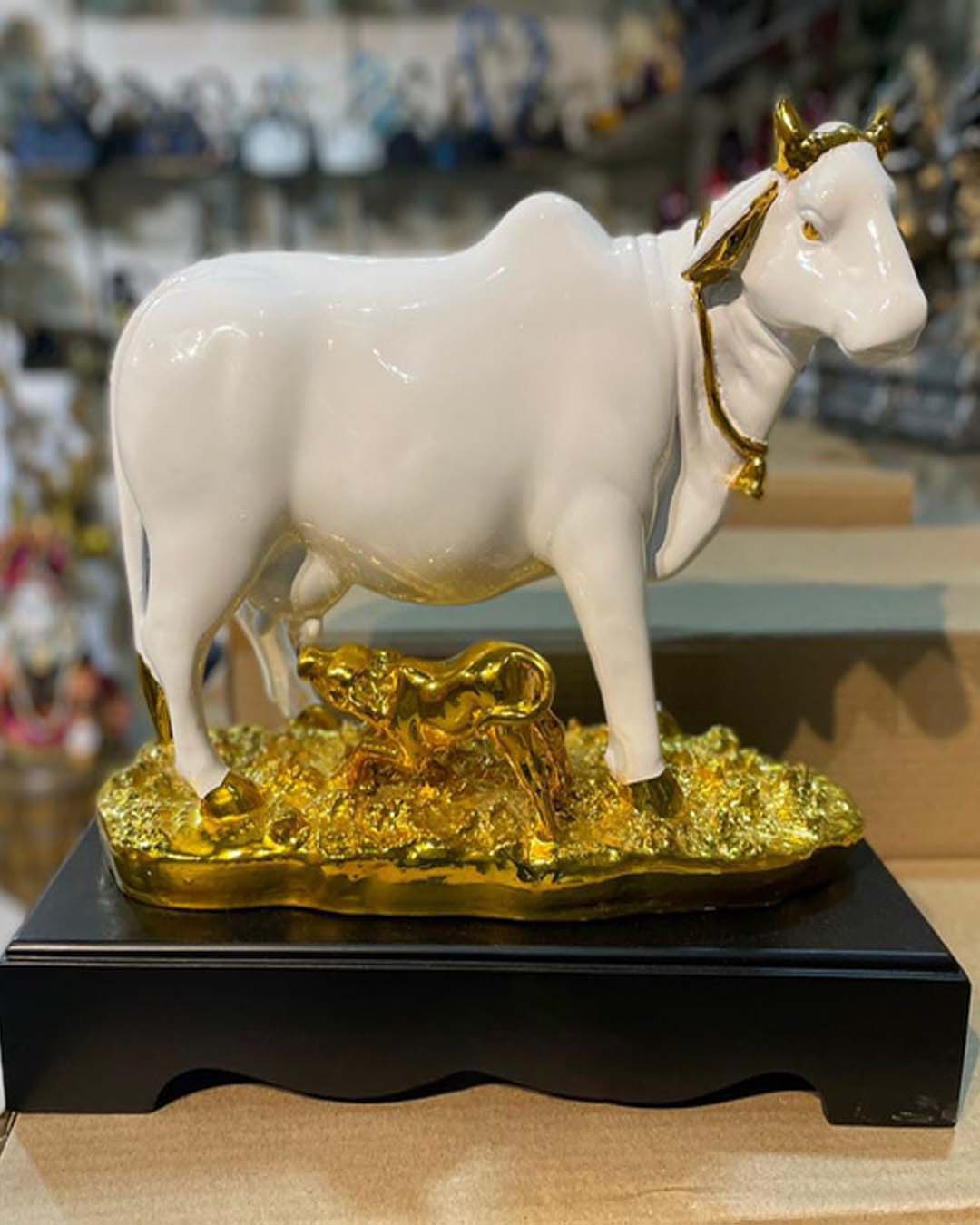 Sacred White Kamadhenu Cow and Calf Statue - Gold Plated Holy Cow Figurine
