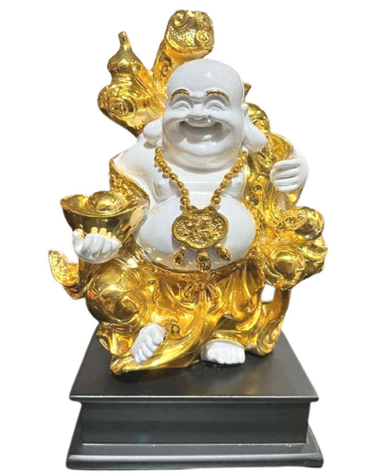 Laughing Buddha Statue - White & Gold Happy Buddha for Luck & Prosperity