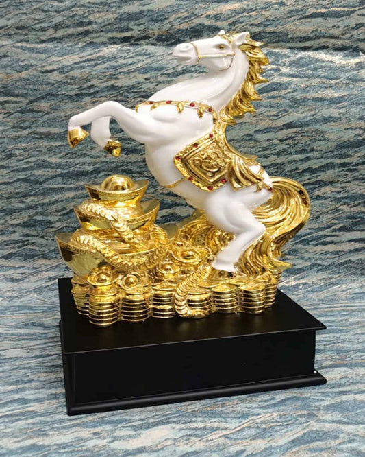 Feng Shui Rearing Horse Statue for Wealth & Success - White & Gold Resin Decor