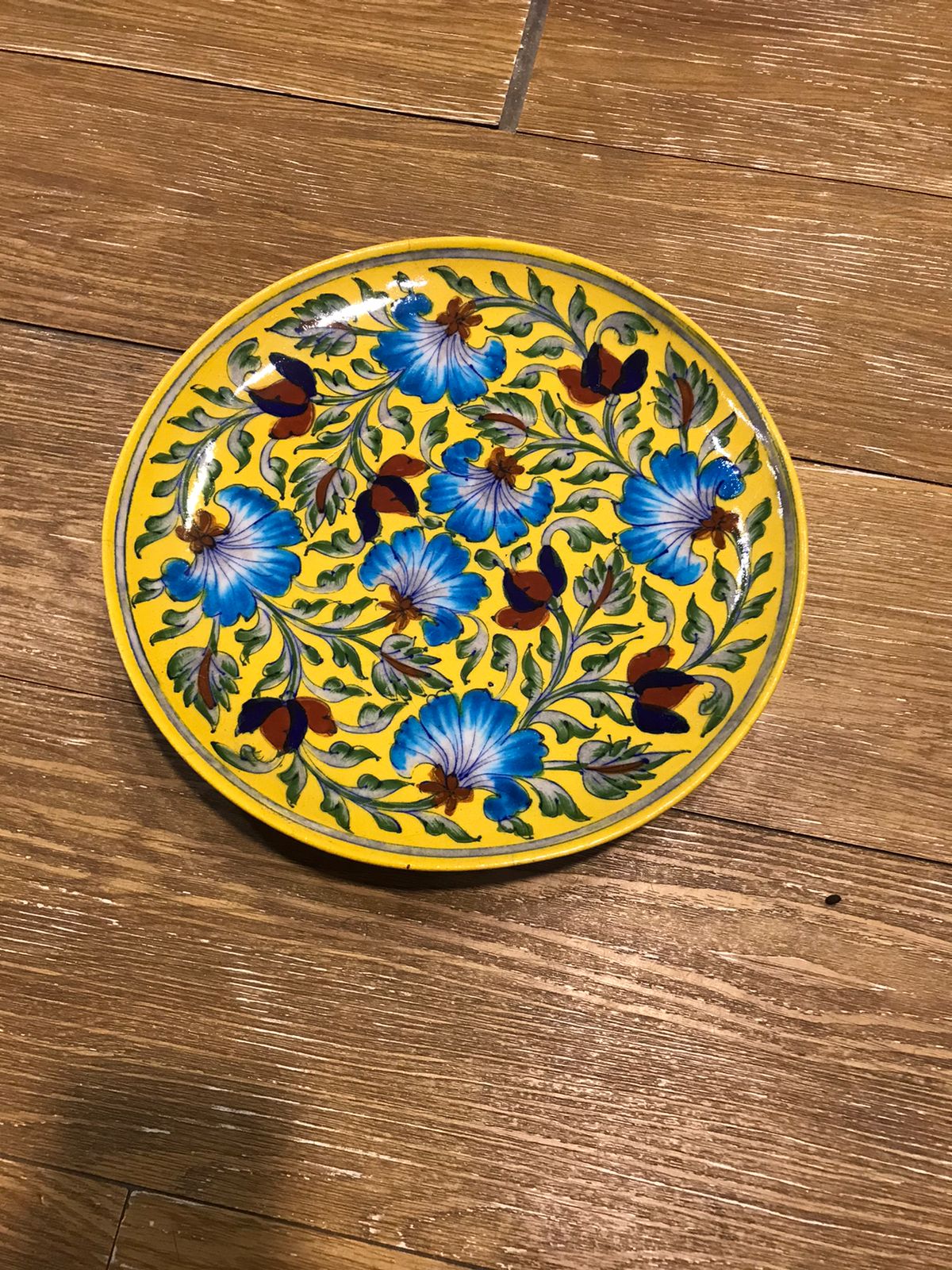 Jaipur Blue Pottery Yellow Floral Plate - Vibrant Hand-Painted Blue Flowers Wall Decor (10 Inch)