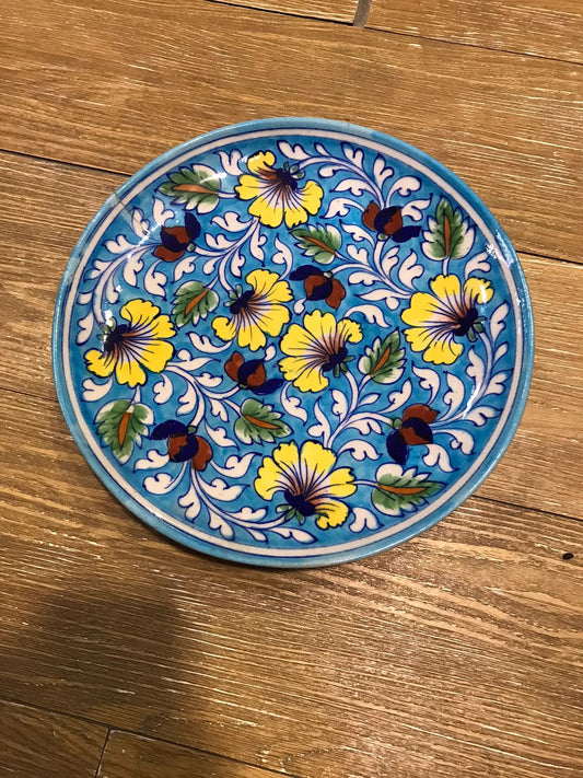 Aqua Blue Pottery Plate with Yellow Flowers - Hand-Painted Vining Floral Pattern (10 Inch)